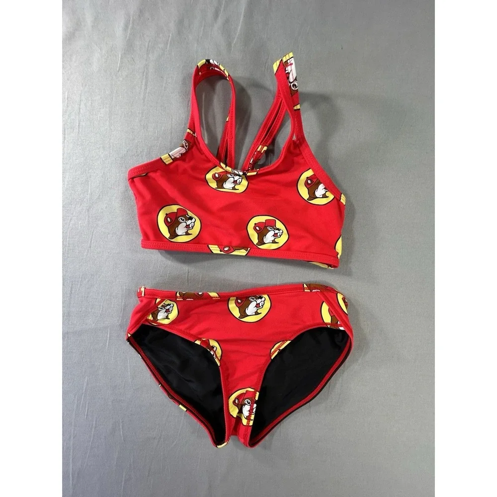 Buc-ee's Girls YXS Red Two-Piece Swimsuit All Over‎ Logo Beaver Print